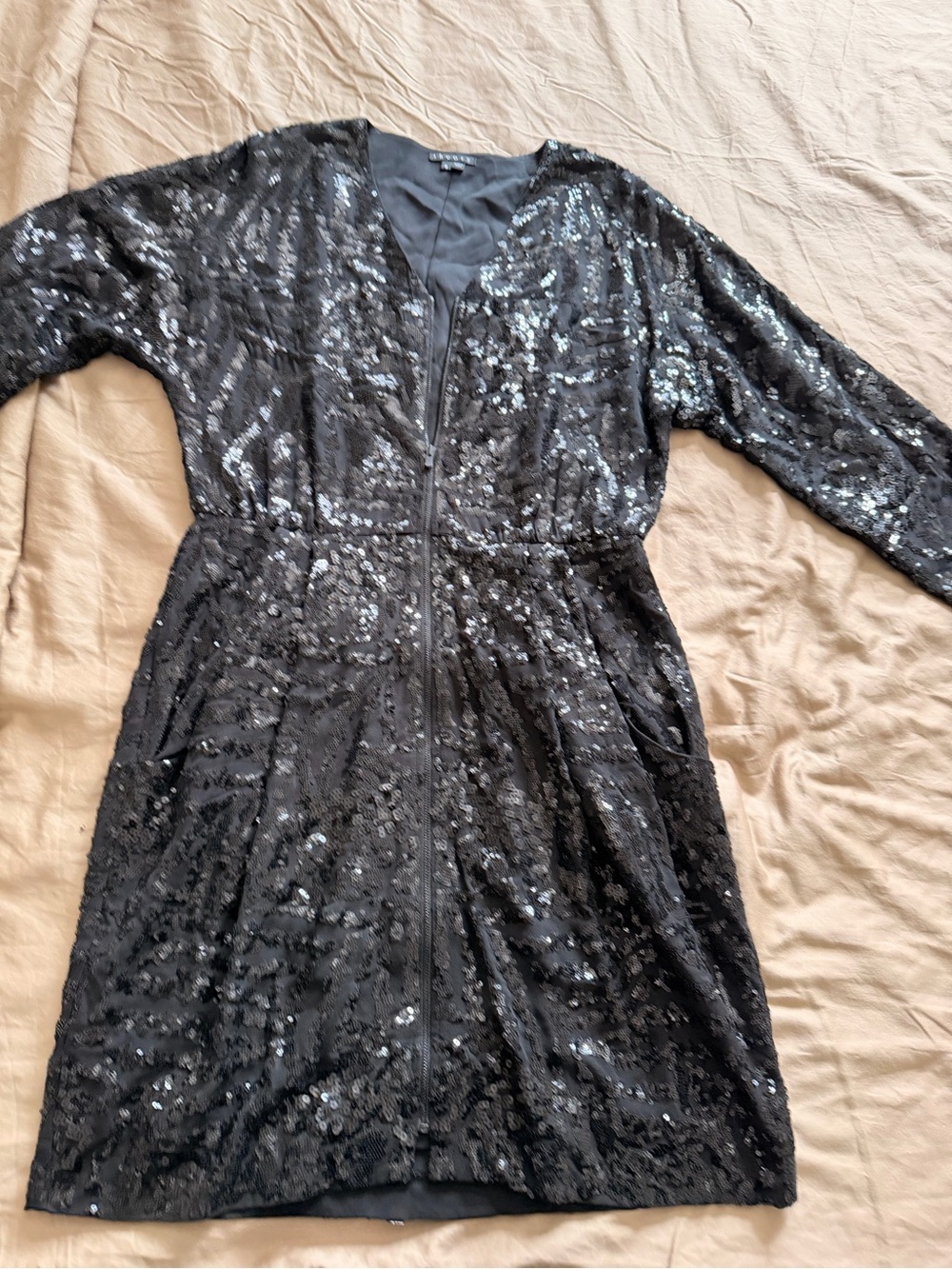 Theory Black Sequin V‑Neck Midi Dress